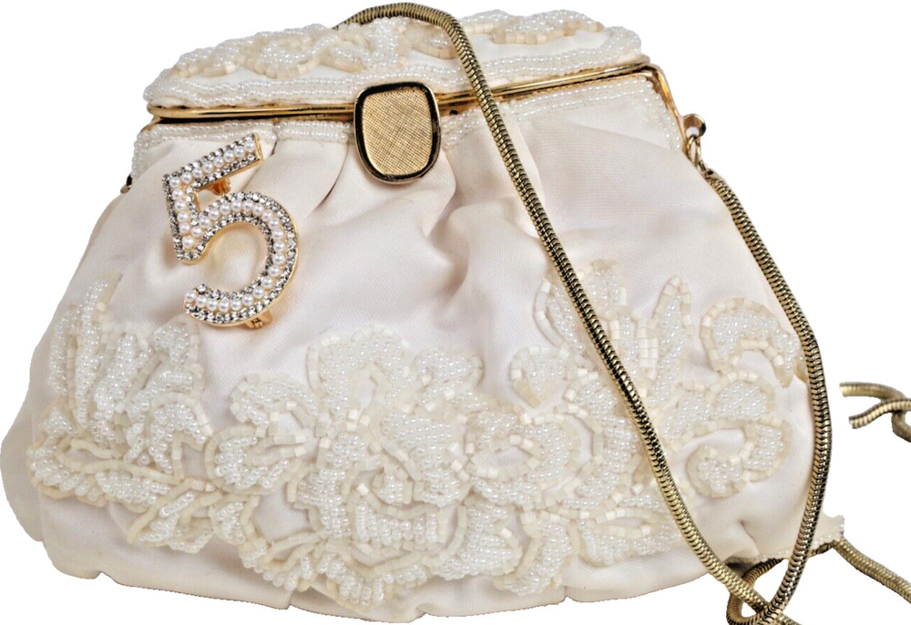 Vintage White Lace Beaded Flower Wedding Gold Strap Shoulder Bag